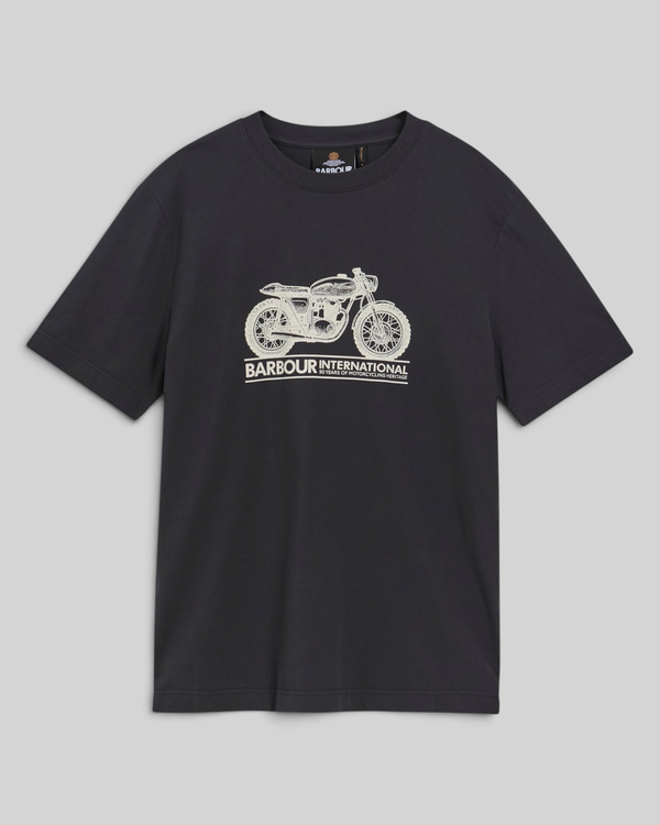 Baffle Haus Barbour International black cotton crew neck t-shirt with a white vintage motorbike graphic on the chest.