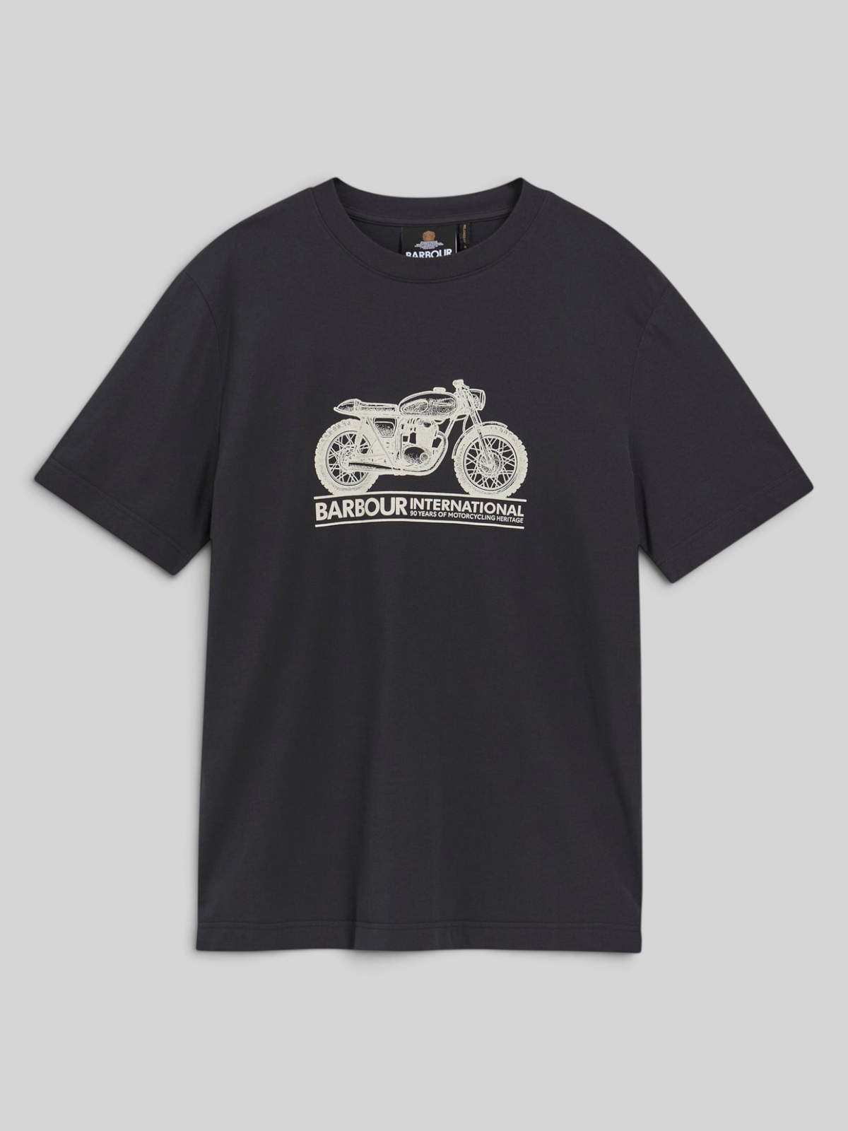 Baffle Haus Barbour International black cotton crew neck t-shirt with a white vintage motorbike graphic on the chest.