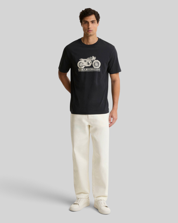 Baffle Haus Barbour International black cotton crew neck t-shirt with a white motorcycle graphic on the chest