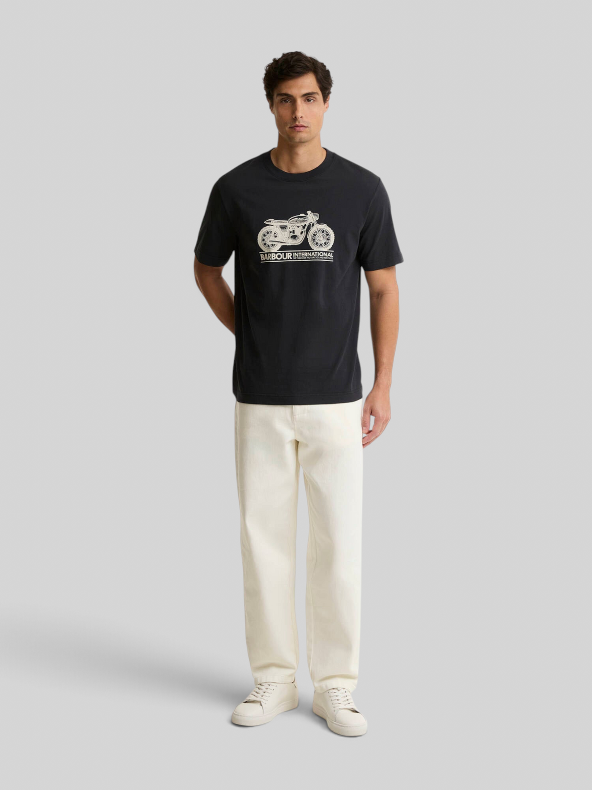 Baffle Haus Barbour International black cotton crew neck t-shirt with a white motorcycle graphic on the chest