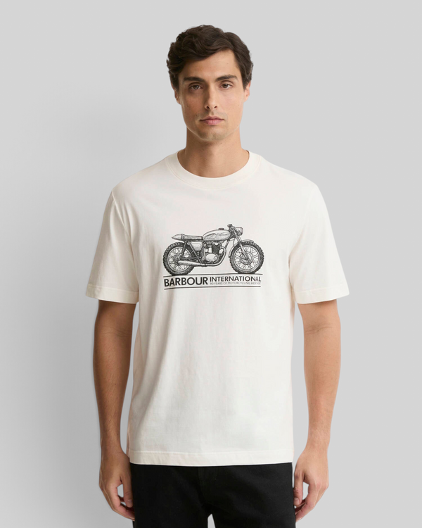 Baffle Haus model wearing a whisper white Barbour International cotton crew neck t-shirt with a motorbike graphic.