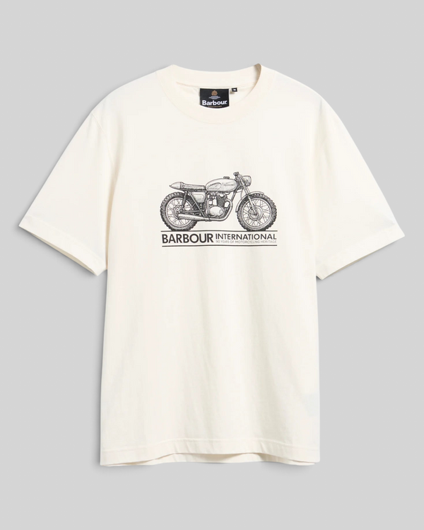Baffle Haus Barbour International Triton graphic t-shirt in whisper white cotton with a vintage motorcycle print