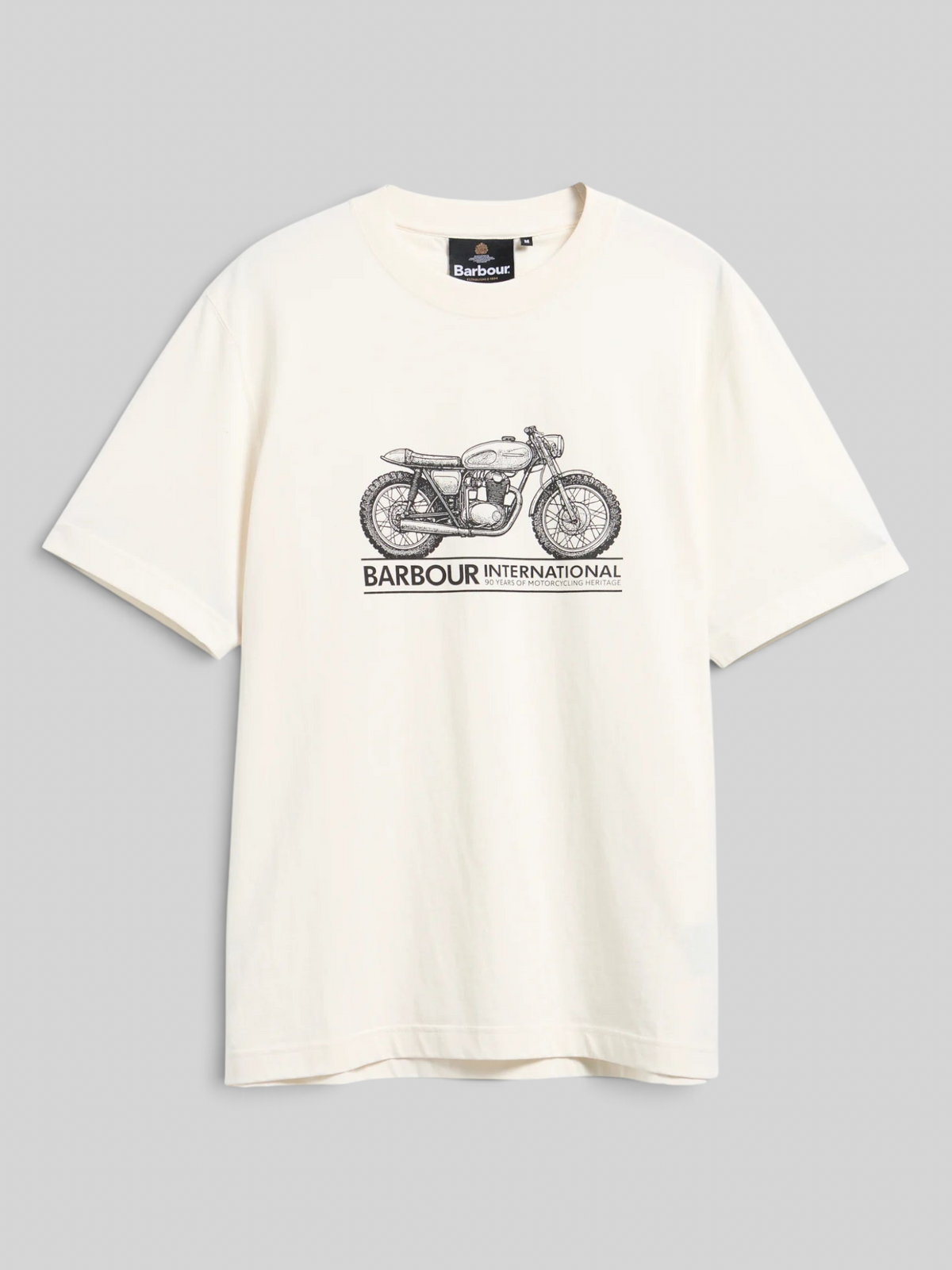 Baffle Haus Barbour International Triton graphic t-shirt in whisper white cotton with a vintage motorcycle print