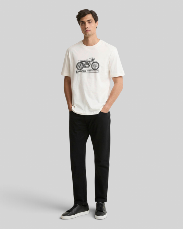 Baffle Haus Barbour International Triton graphic t-shirt in whisper white cotton with a motorbike print on the chest.