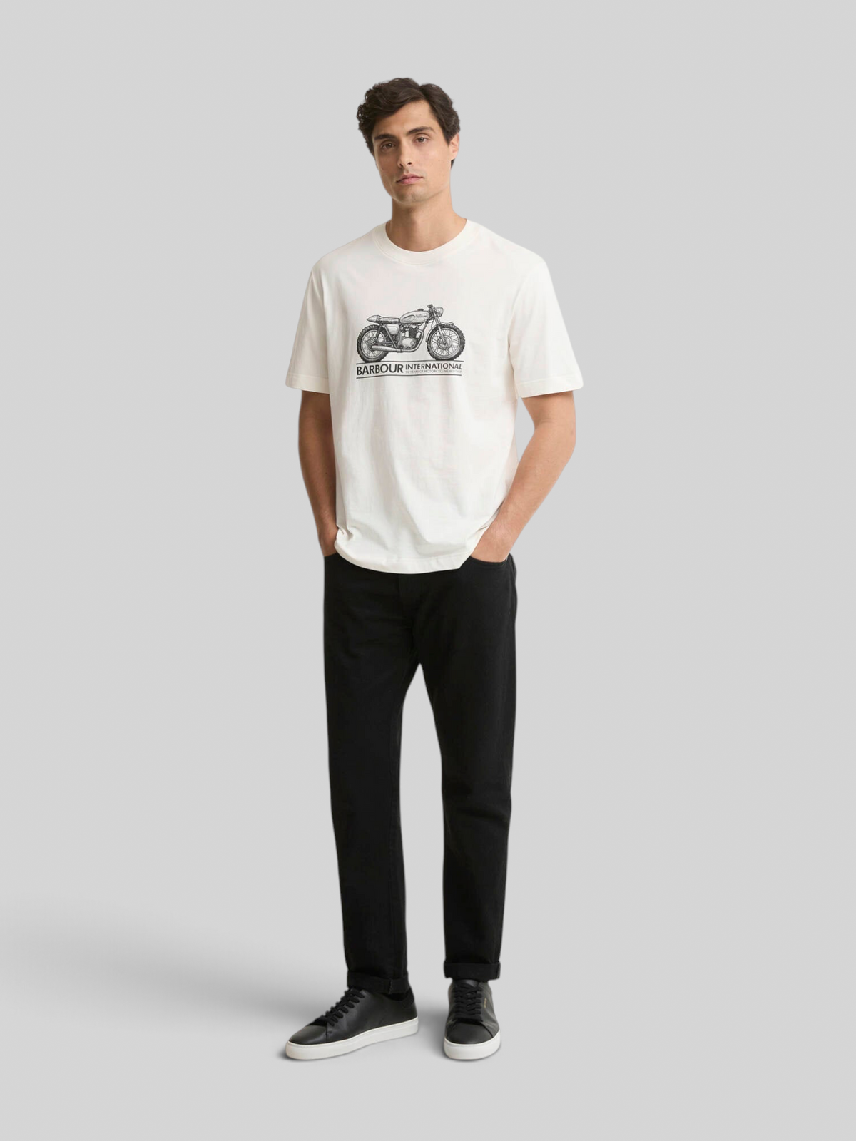 Baffle Haus Barbour International Triton graphic t-shirt in whisper white cotton with a motorbike print on the chest.