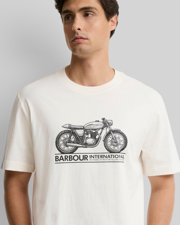 Baffle Haus Barbour International Triton graphic t-shirt in whisper white cotton with a vintage motorcycle print