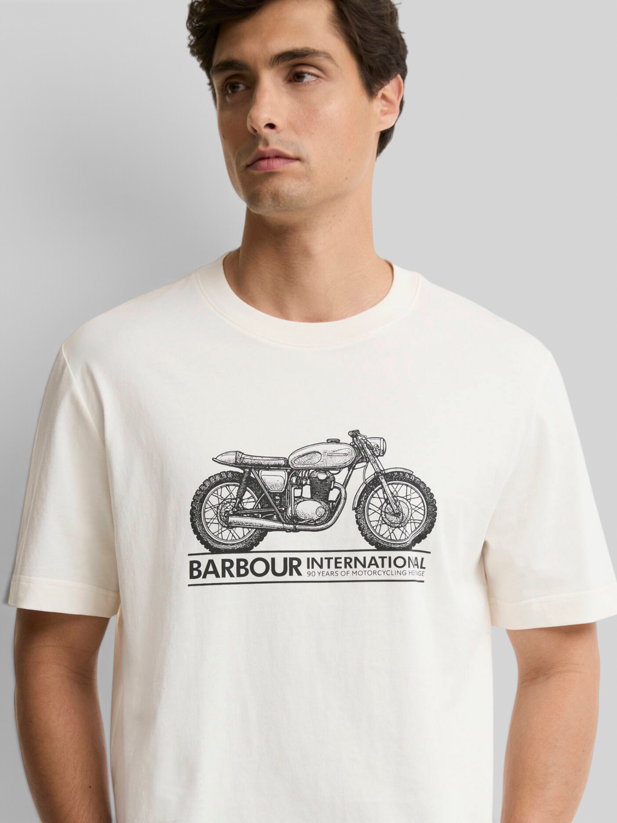 Baffle Haus Barbour International Triton graphic t-shirt in whisper white cotton with a vintage motorcycle print