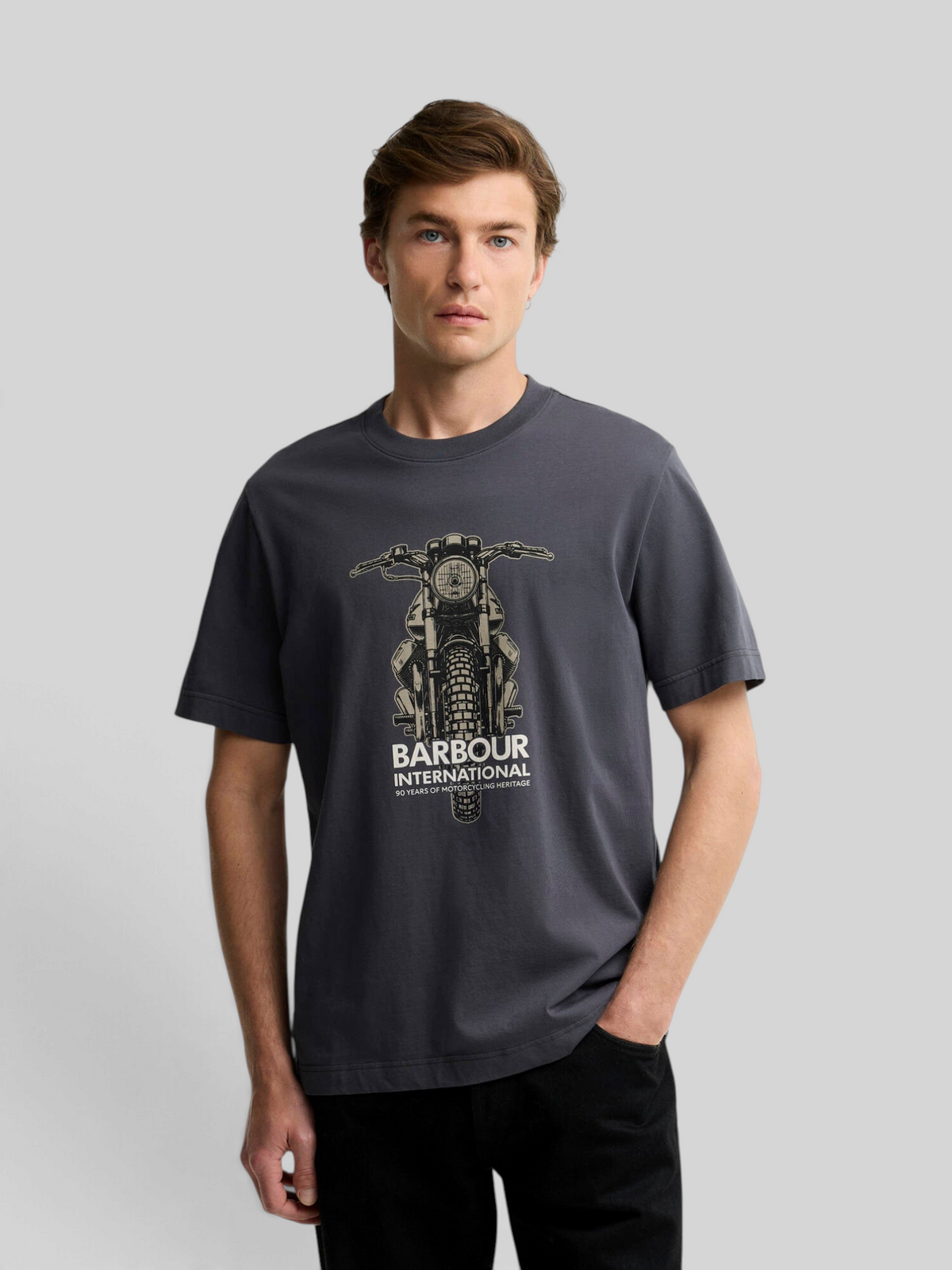 Baffle Haus Barbour International asphalt grey cotton t-shirt with front motorbike graphic on a male model