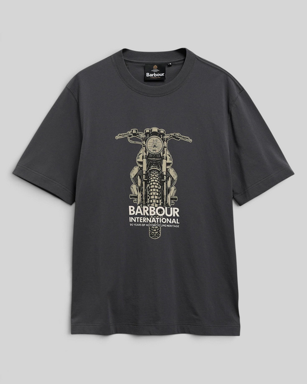 Baffle Haus Barbour International Causey graphic t-shirt in asphalt grey cotton with a vintage motorcycle print.