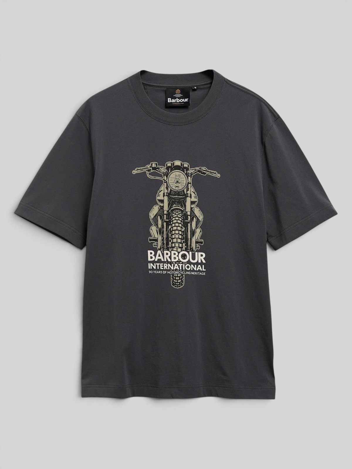 Baffle Haus Barbour International Causey graphic t-shirt in asphalt grey cotton with a vintage motorcycle print.