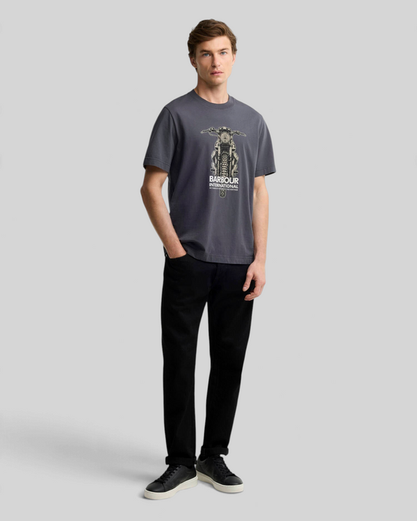 Baffle Haus Barbour International asphalt grey cotton crew neck t-shirt with front motorbike graphic on a male model