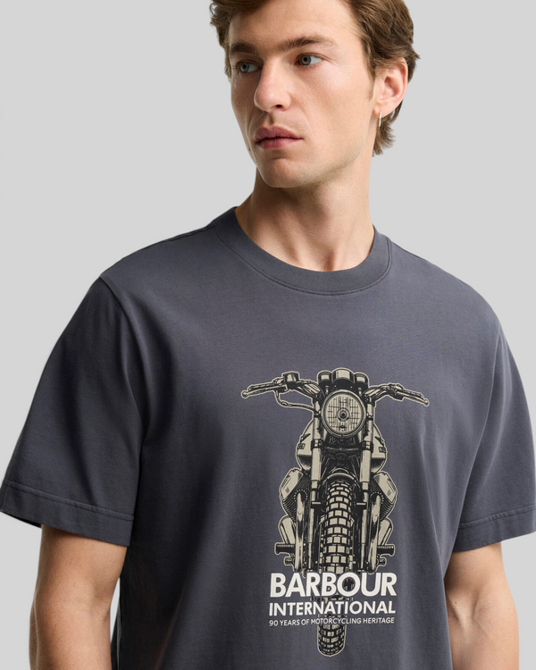 Baffle Haus Barbour International asphalt grey cotton t-shirt featuring a vintage motorbike graphic on the front