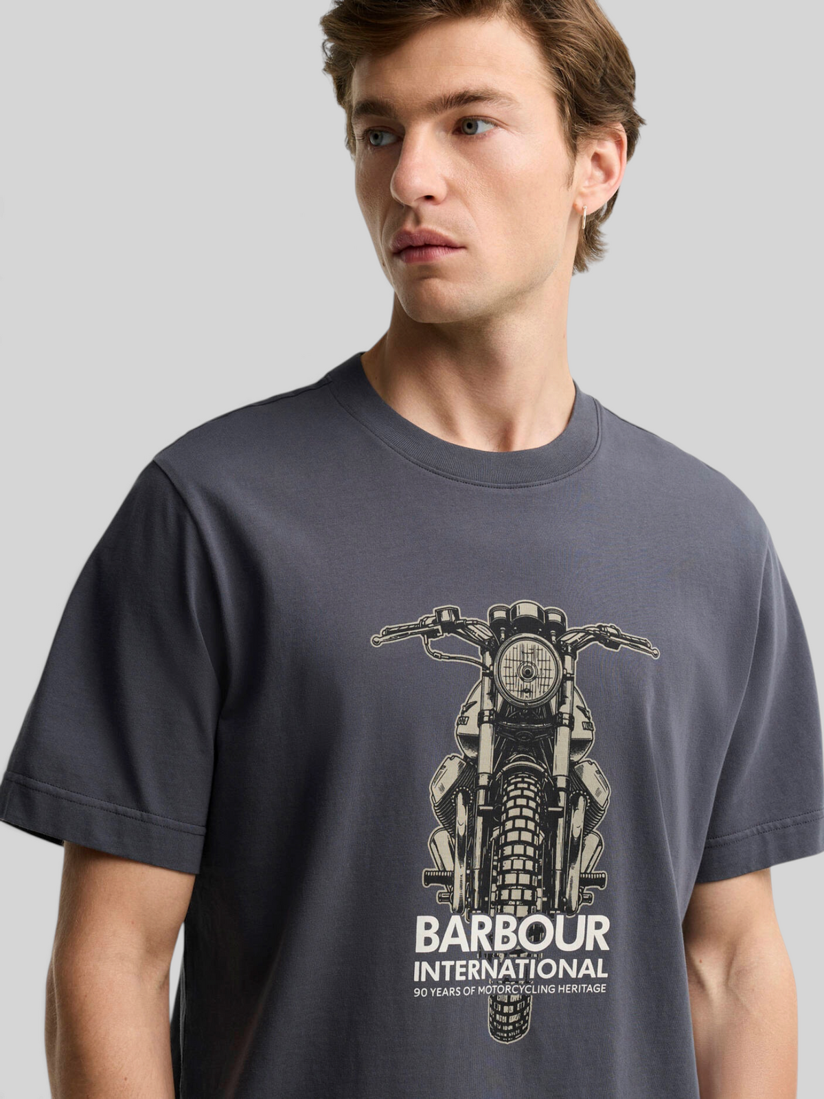 Baffle Haus Barbour International asphalt grey cotton t-shirt featuring a vintage motorbike graphic on the front