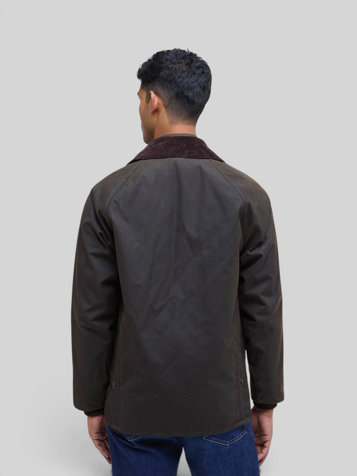 Baffle Haus Barbour Bedale olive waxed cotton jacket with corduroy collar, back view on a male model