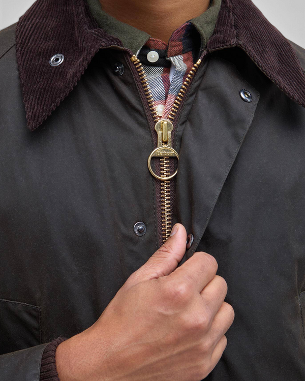 Baffle Haus Barbour Bedale olive waxed cotton jacket with brown corduroy collar and gold two-way front zip