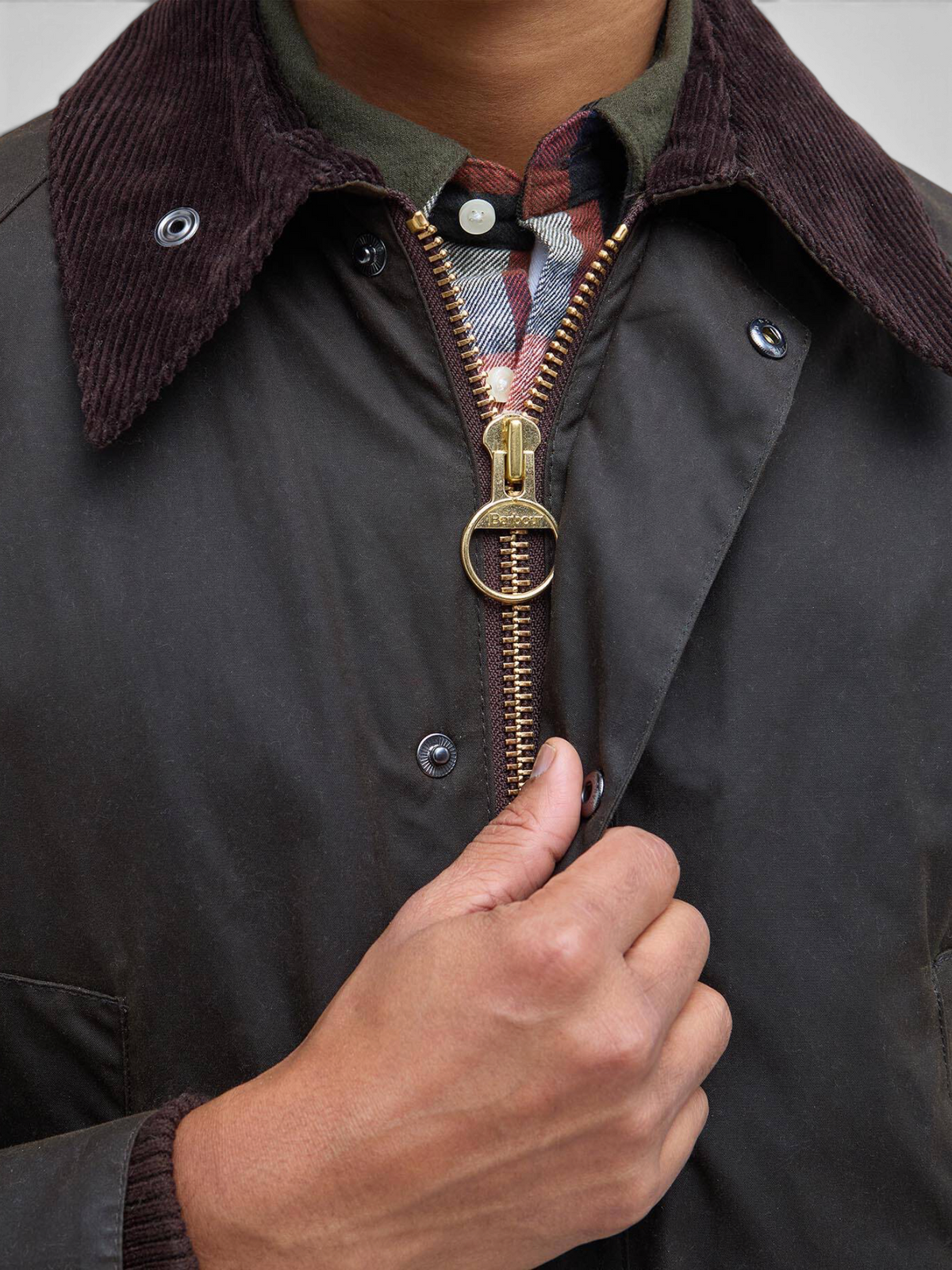 Baffle Haus Barbour Bedale olive waxed cotton jacket with brown corduroy collar and gold two-way front zip
