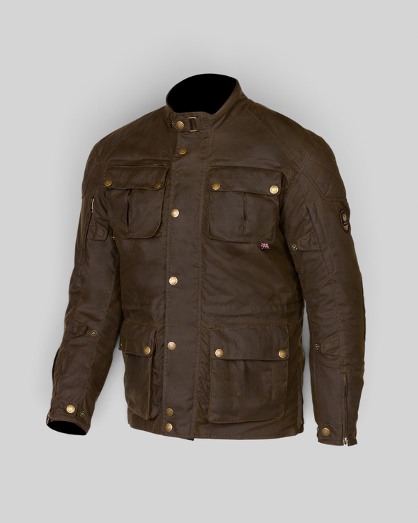 Baffle Haus Bamford olive waxed cotton motorcycle jacket with multiple pockets, brass hardware, and protective armor.