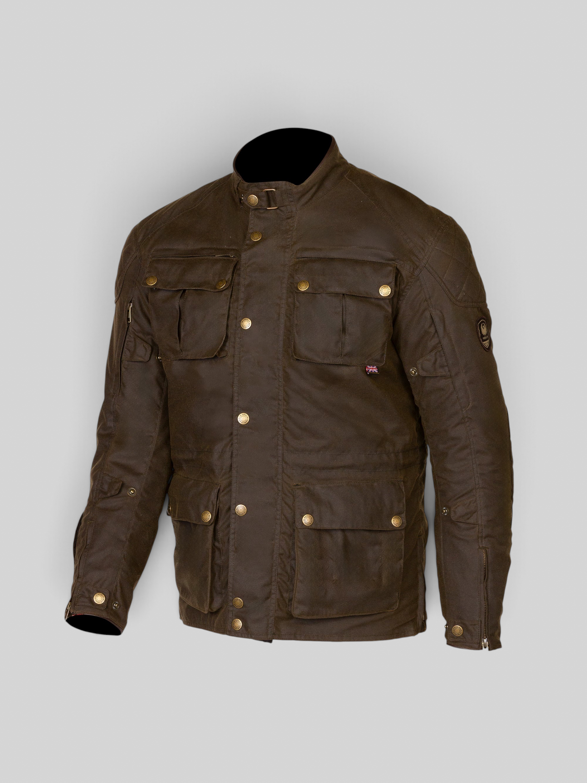 Baffle Haus Bamford olive waxed cotton motorcycle jacket with multiple pockets, brass hardware, and protective armor.