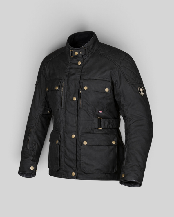 Baffle Haus Hartwell black waxed cotton motorcycle jacket with quilted shoulders, brass hardware, and belted waist.