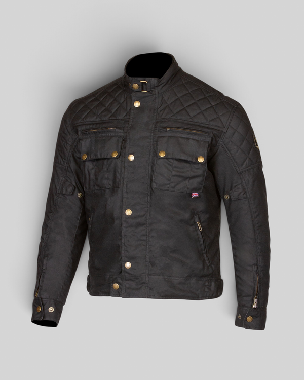 Baffle Haus Stanton AAA black waxed cotton motorcycle jacket with quilted shoulders and brass hardware details.