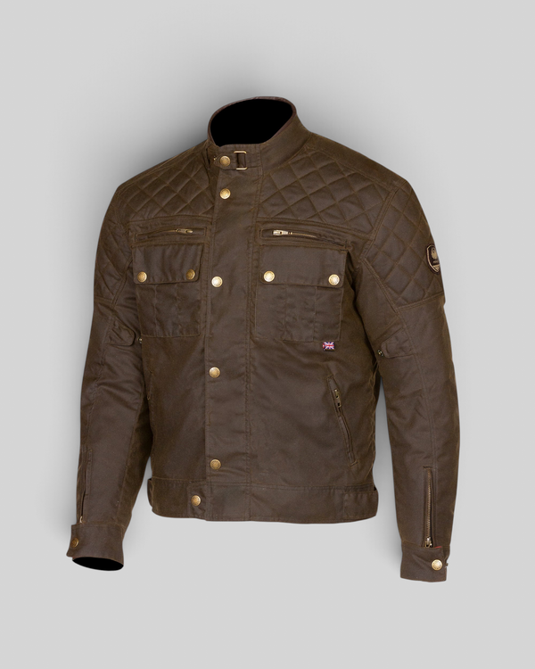 Baffle Haus Stanton AAA olive waxed cotton motorcycle jacket with quilted shoulders and brass hardware details.