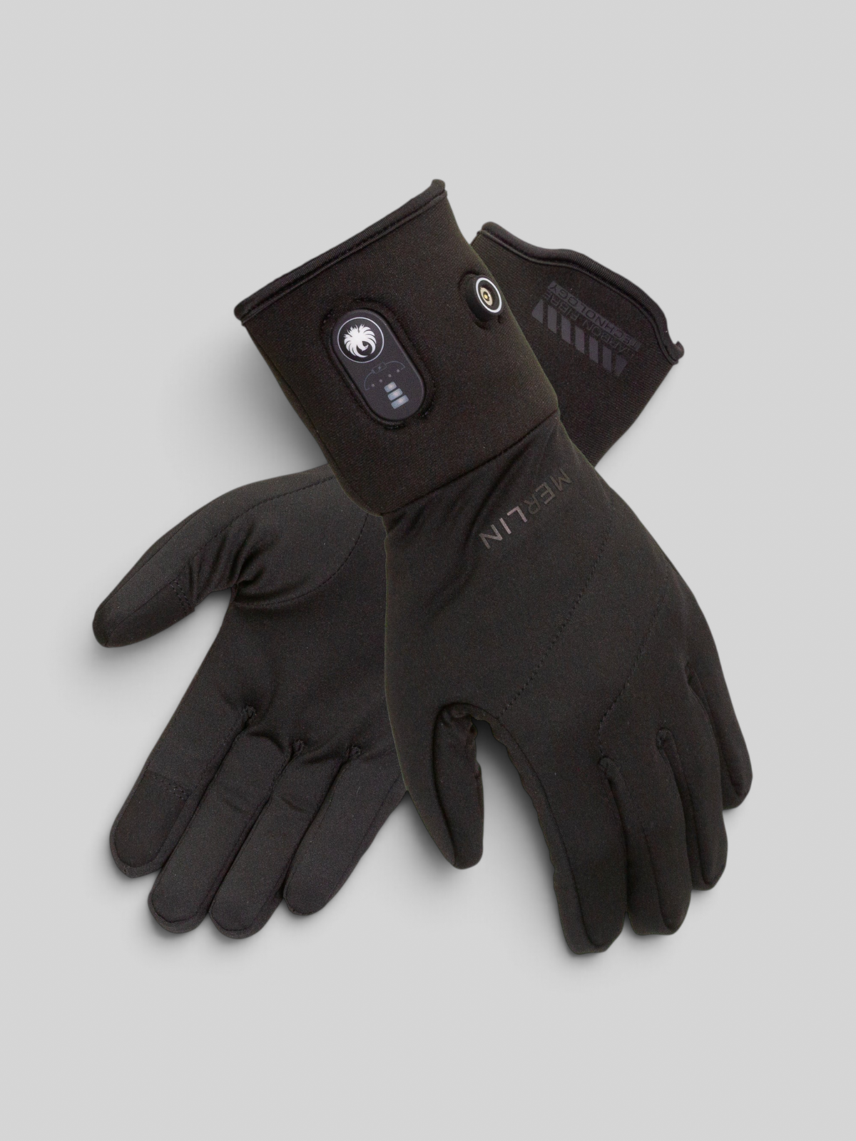 Baffle Haus Merlin Thermavolt black heated motorcycle liner gloves with battery power button and indicator lights.
