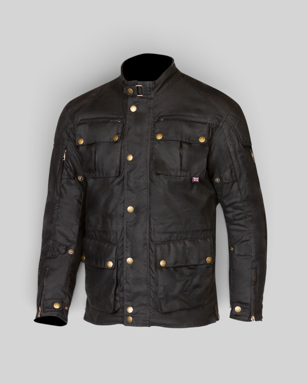 Baffle Haus Bamford black waxed cotton motorcycle jacket with brass hardware and multiple utility pockets