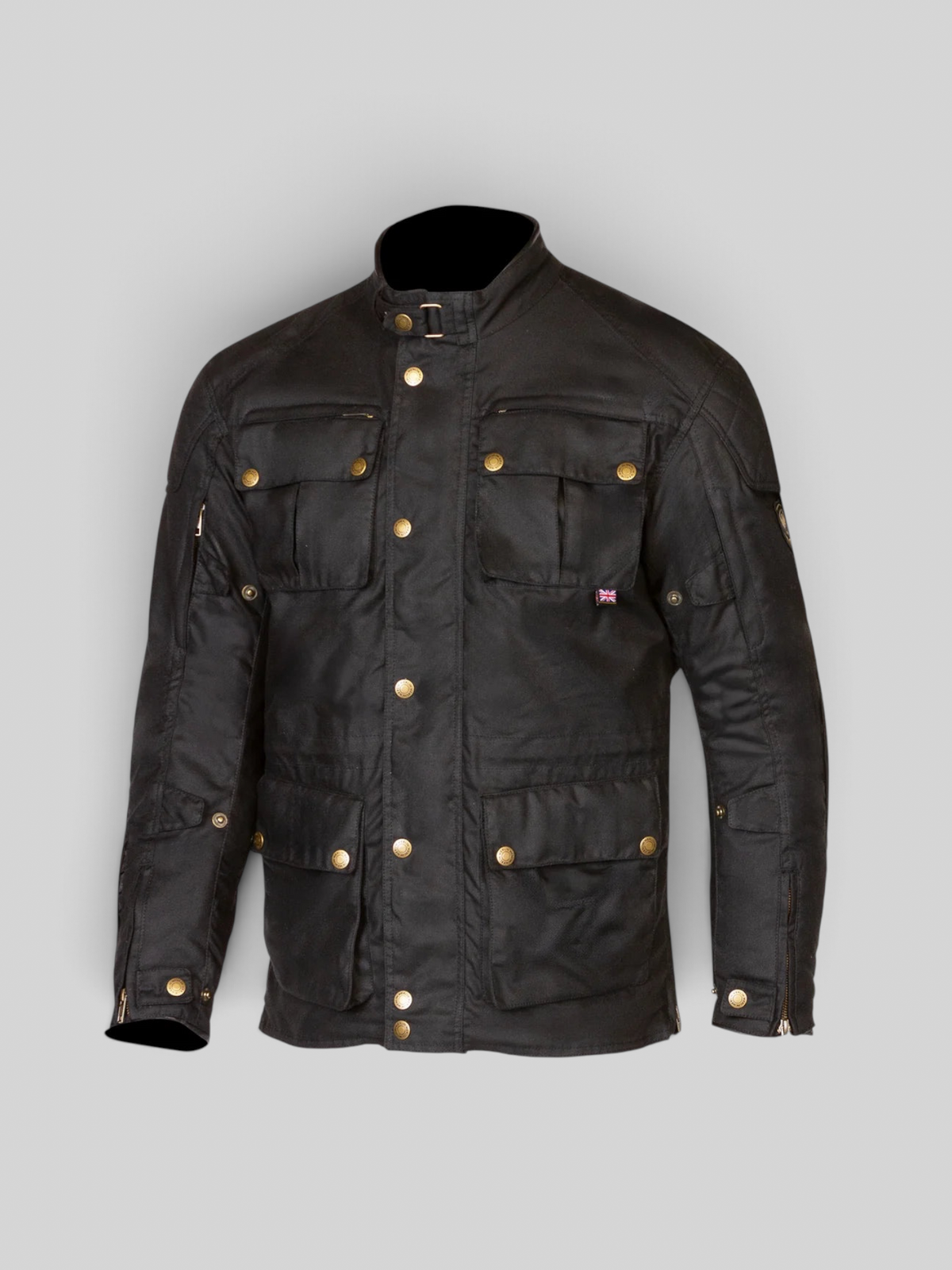 Baffle Haus Bamford black waxed cotton motorcycle jacket with brass hardware and multiple utility pockets