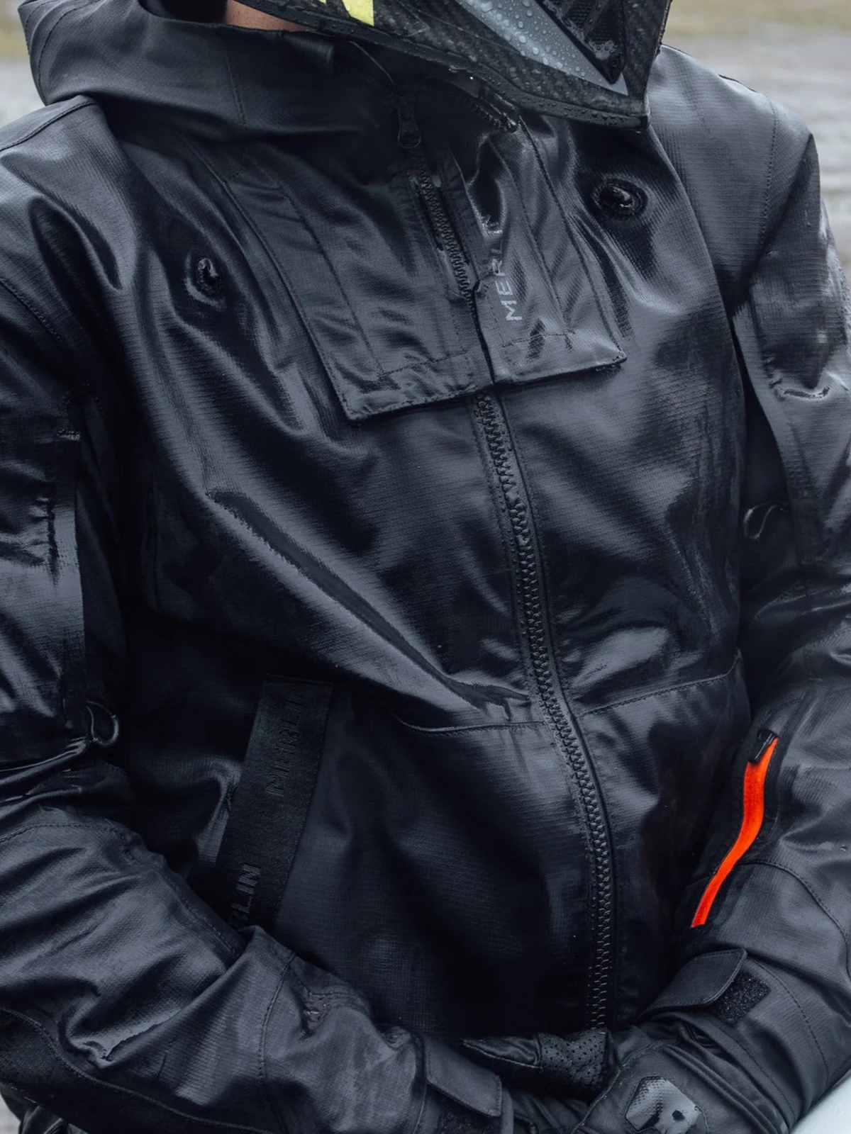 Baffle Haus Merlin Raptor D3O black laminated adventure motorcycle jacket with waterproof zips and ripstop fabric