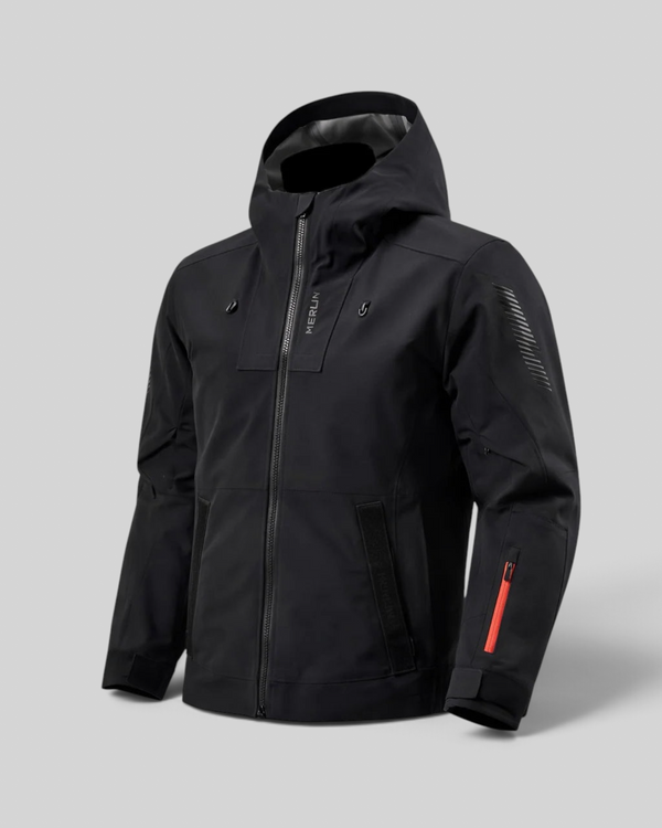 Baffle Haus Merlin Raptor black laminated adventure motorcycle jacket with hood, waterproof zips, and reflective detail