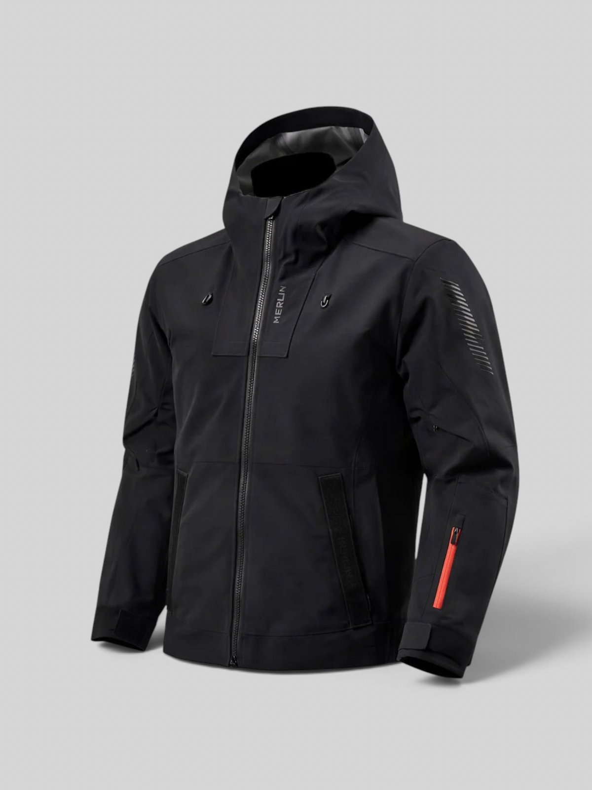 Baffle Haus Merlin Raptor black laminated adventure motorcycle jacket with hood, waterproof zips, and reflective detail