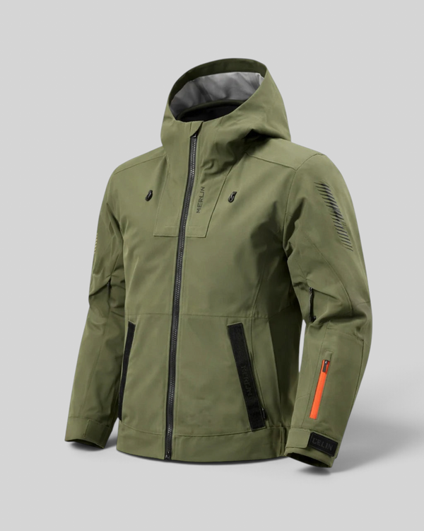 Baffle Haus Merlin Raptor D3O green laminated adventure motorcycle jacket with hood and waterproof YKK zips
