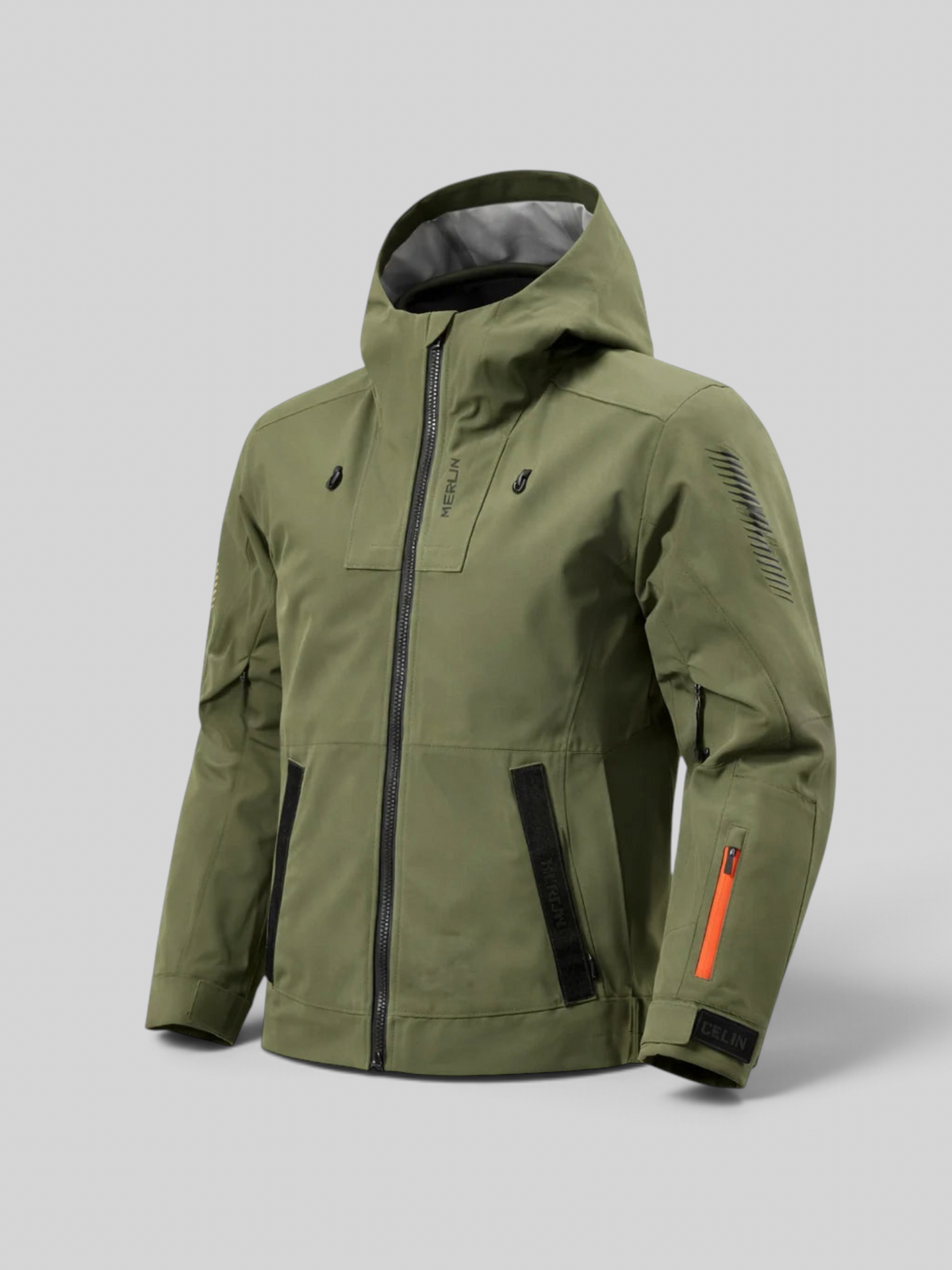 Baffle Haus Merlin Raptor D3O green laminated adventure motorcycle jacket with hood and waterproof YKK zips
