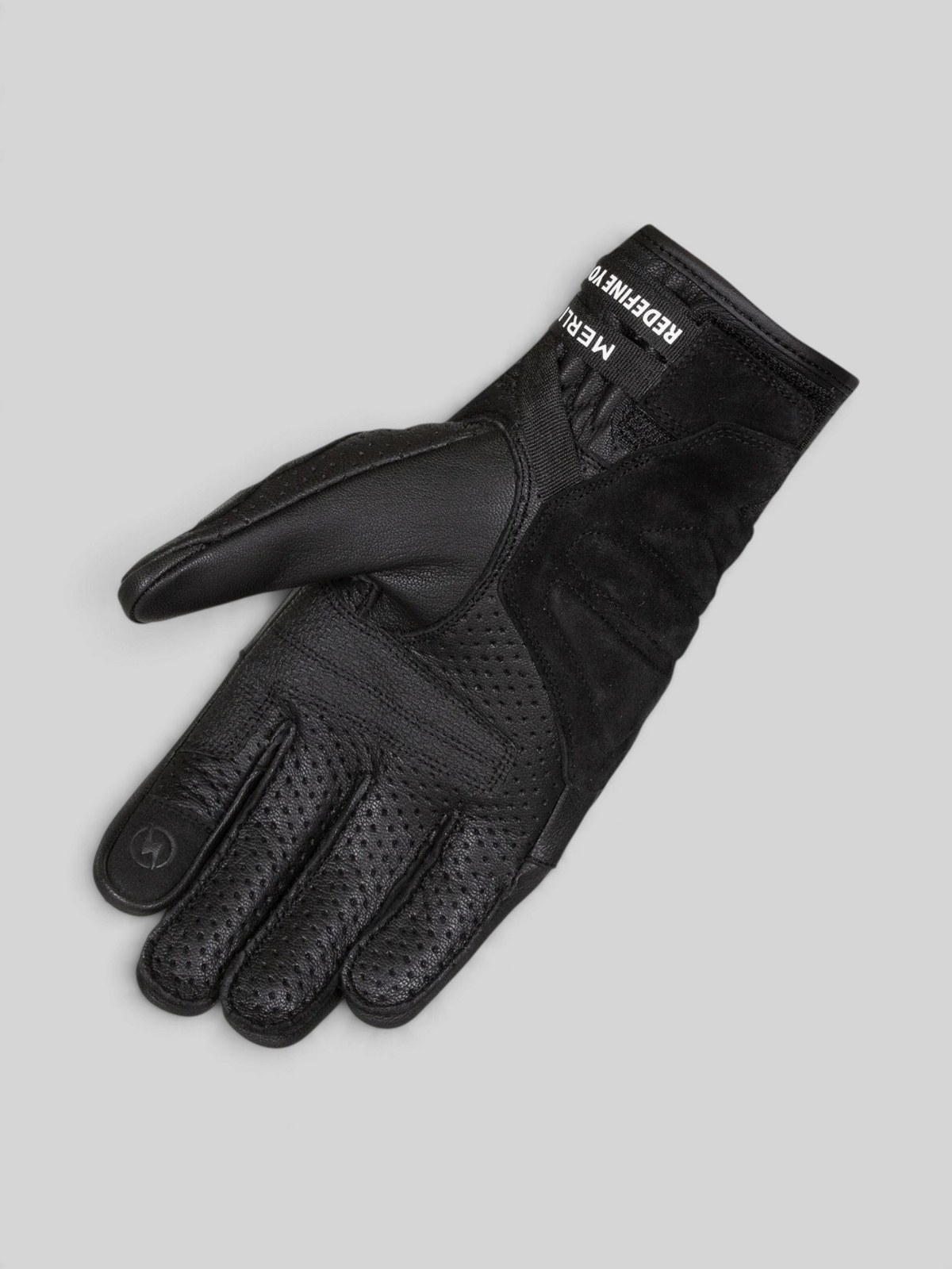 Baffle Haus Overland Air D3O black perforated goatskin leather adventure motorcycle glove with wrist puller detail