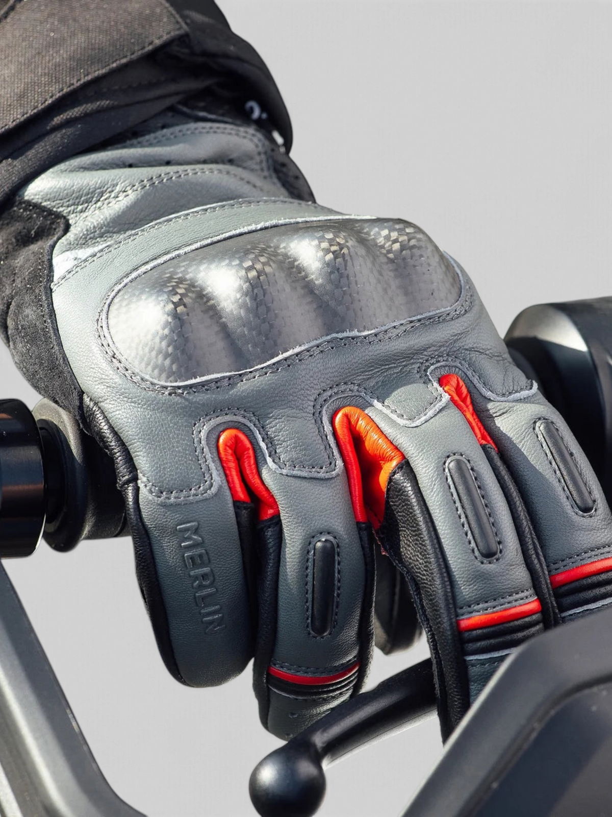 Baffle Haus Overland Air D3O grey goatskin leather motorcycle glove with carbon fibre knuckle protection