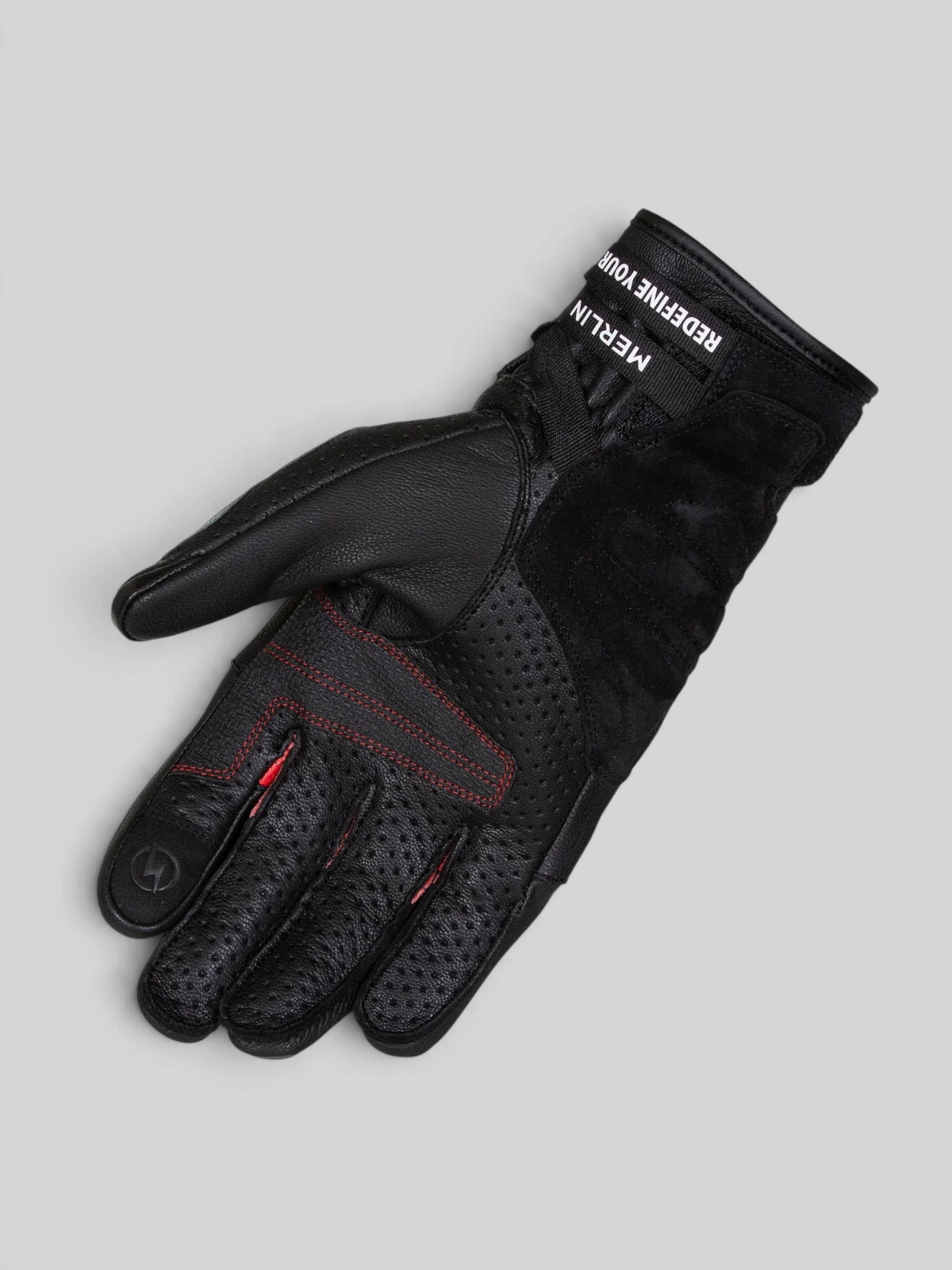 Baffle Haus Overland Air D3O motorcycle glove in black perforated goatskin leather with red stitching detail