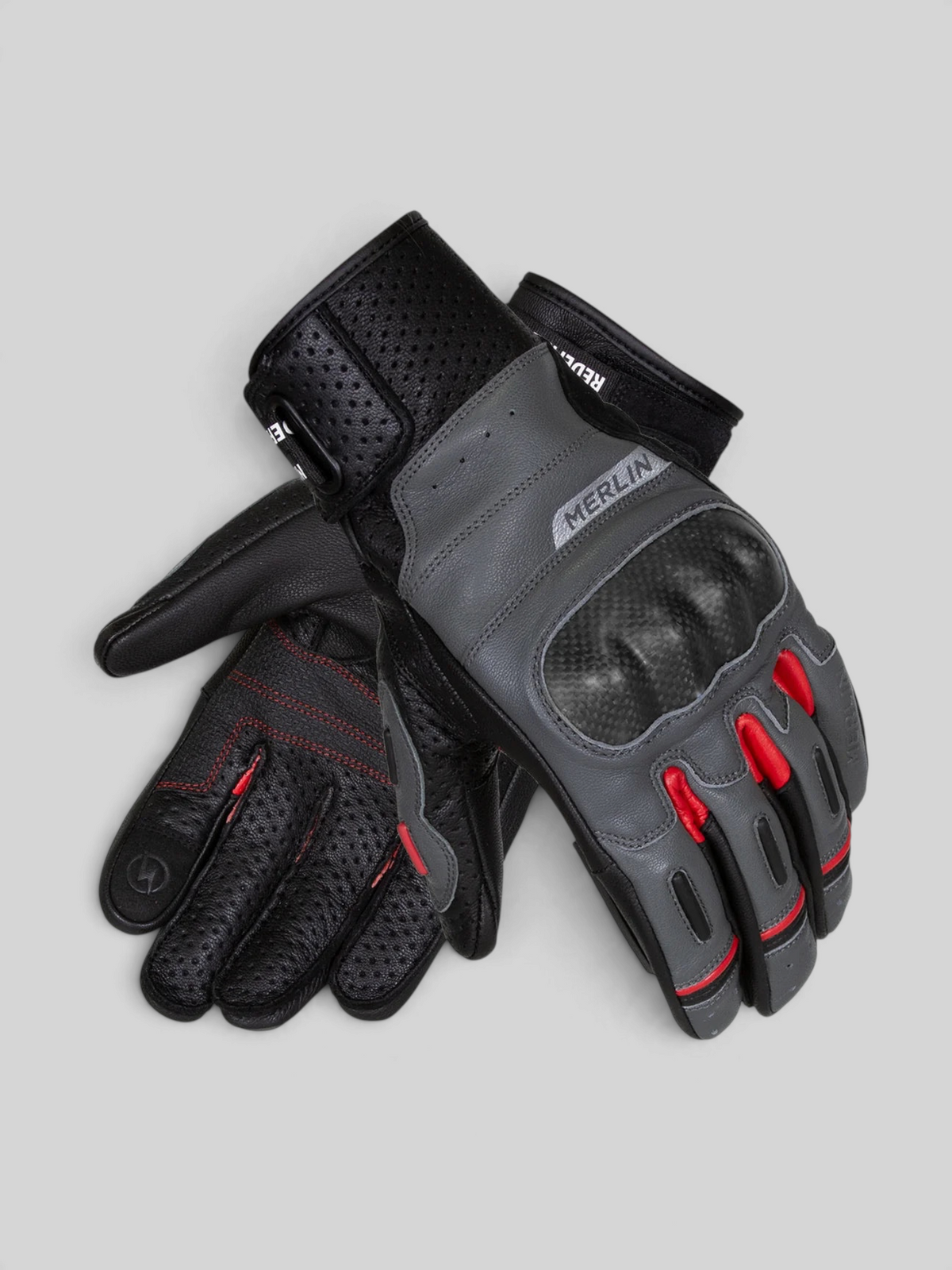 Baffle Haus Overland Air D3O motorcycle gloves in grey and black perforated goatskin leather with carbon knuckle guards