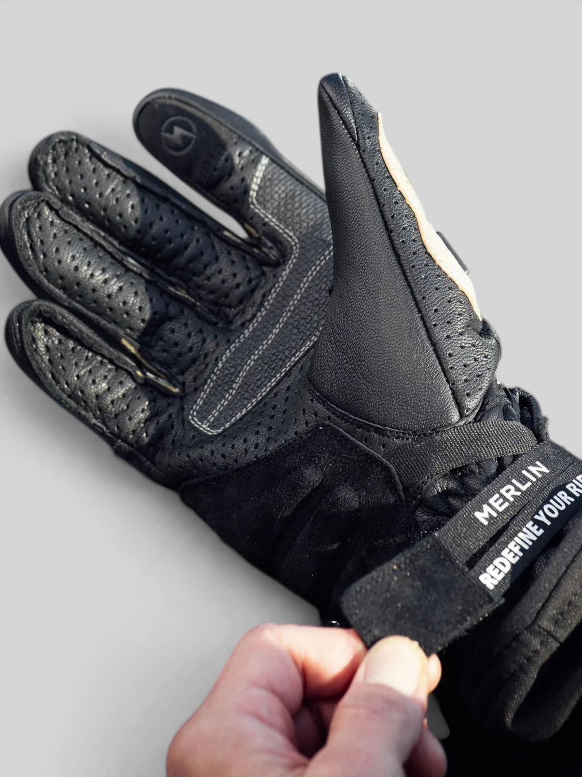 Baffle Haus Overland Air D3O motorcycle glove in black perforated goatskin leather with adjustable wrist strap