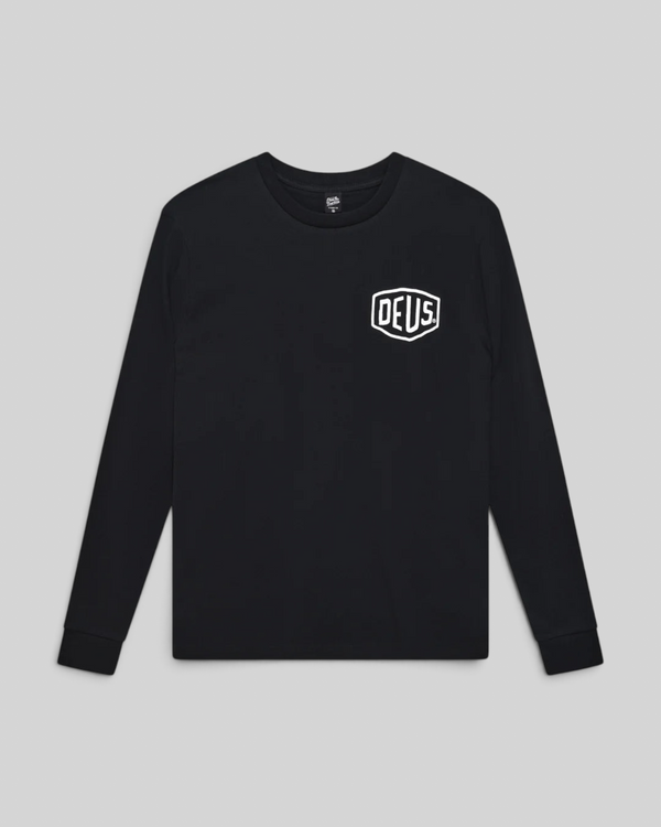 Baffle Haus Harajuku long sleeve black t-shirt in recycled cotton jersey with white Deus chest logo print