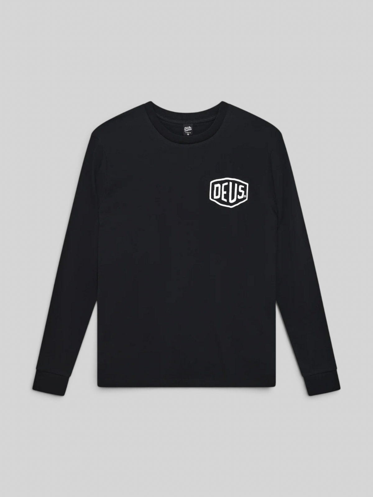 Baffle Haus Harajuku long sleeve black t-shirt in recycled cotton jersey with white Deus chest logo print