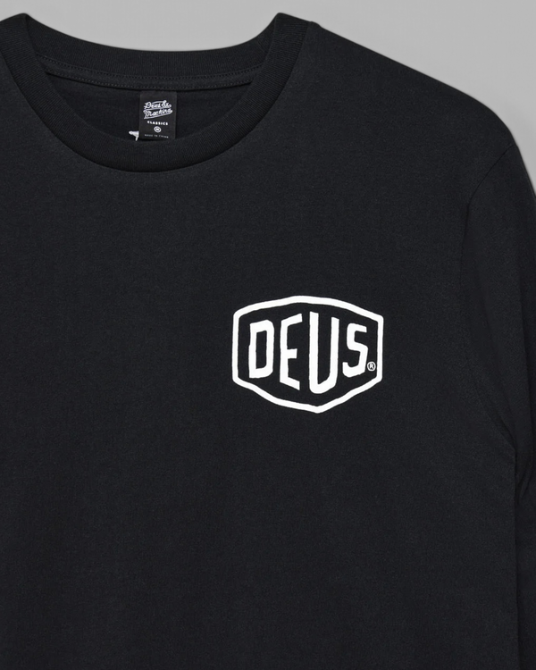 Baffle Haus Harajuku LS Tee in black recycled cotton jersey with white Deus chest logo print