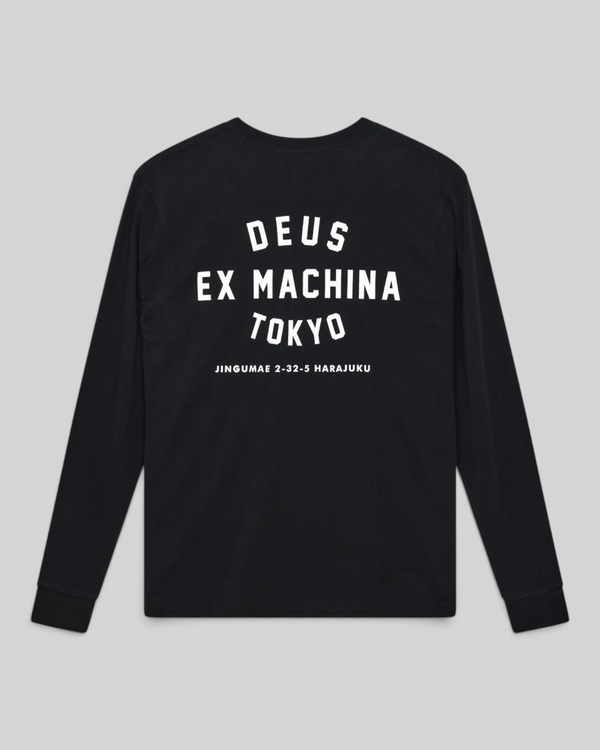 Baffle Haus Harajuku long sleeve black t-shirt with white Deus Ex Machina Tokyo graphic print on the back