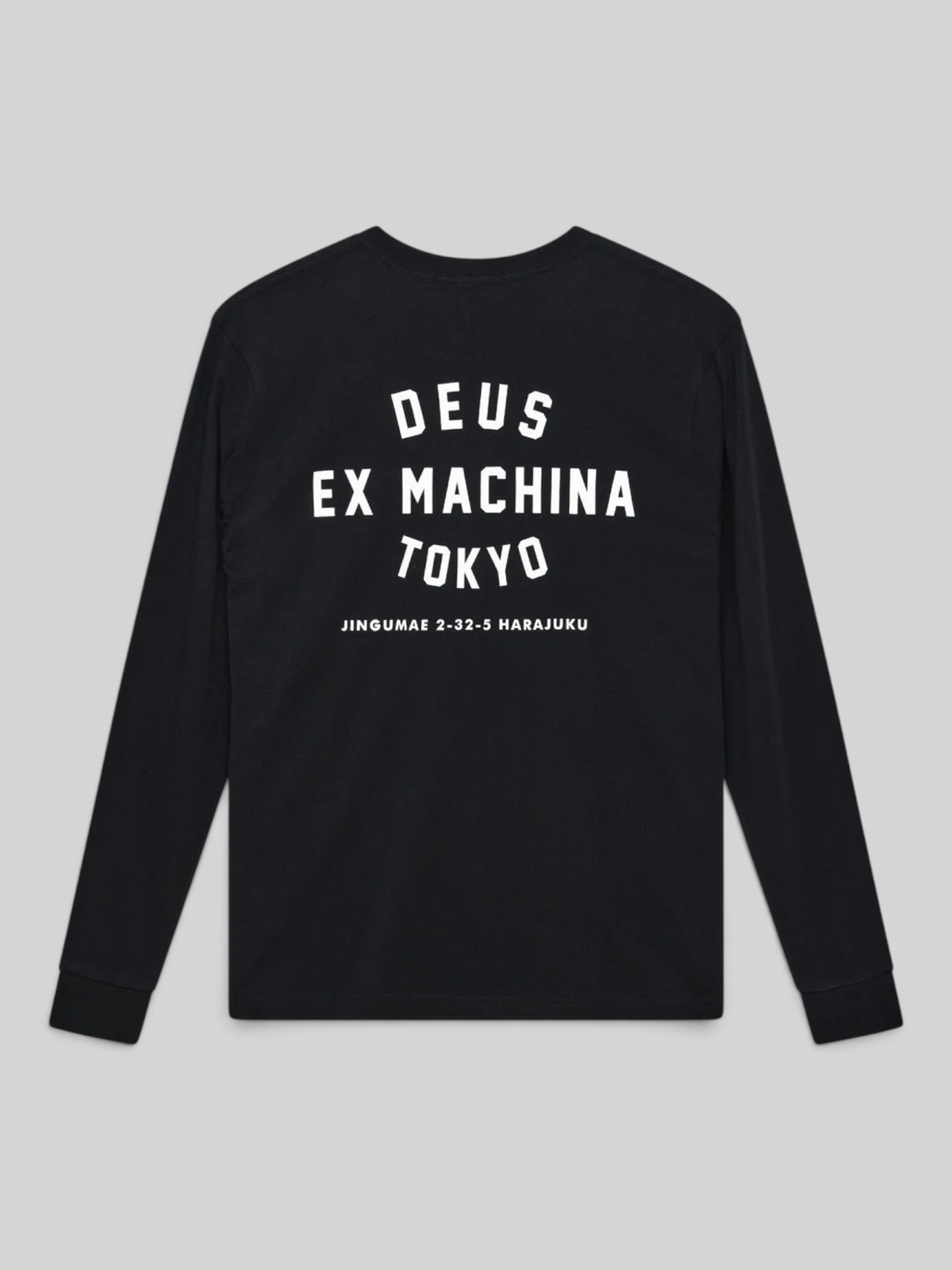 Baffle Haus Harajuku long sleeve black t-shirt with white Deus Ex Machina Tokyo graphic print on the back