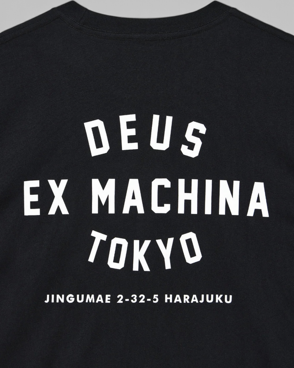 Baffle Haus black long sleeve t-shirt featuring white Deus Ex Machina Tokyo Harajuku graphic print on the back