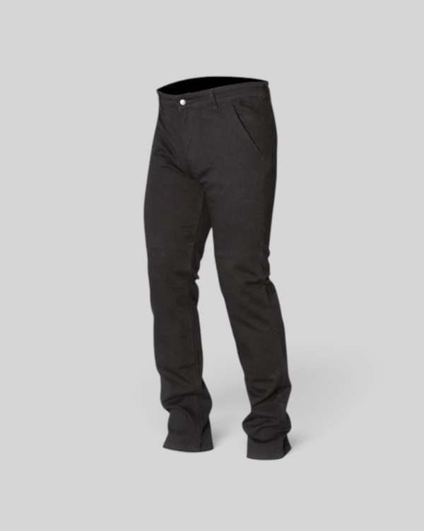 Baffle Haus Brody riding chino in black stretch cotton twill with D3O armour for motorcycle protection.
