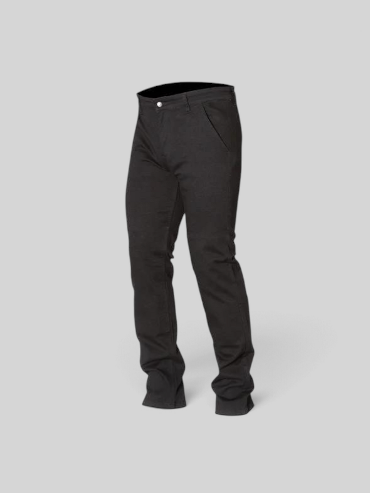 Baffle Haus Brody riding chino in black stretch cotton twill with D3O armour for motorcycle protection.
