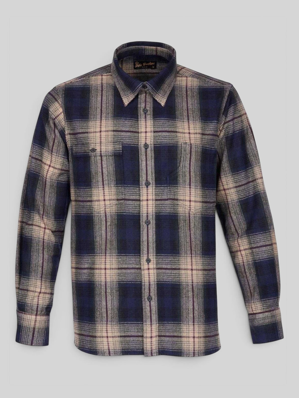 Baffle Haus 1937 Roamer Shirt in blue and beige cotton plaid with a unique asymmetrical smoker's pocket.