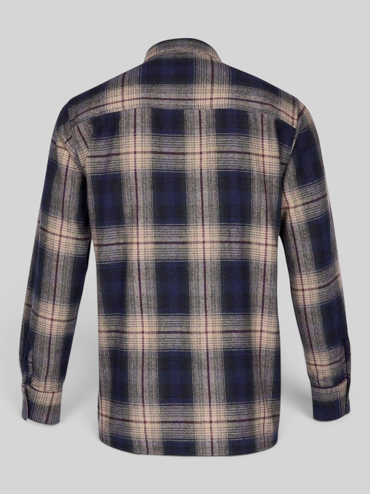 Back view of a Baffle Haus 1937 Roamer Shirt in a navy and beige plaid cotton flannel with long sleeves.