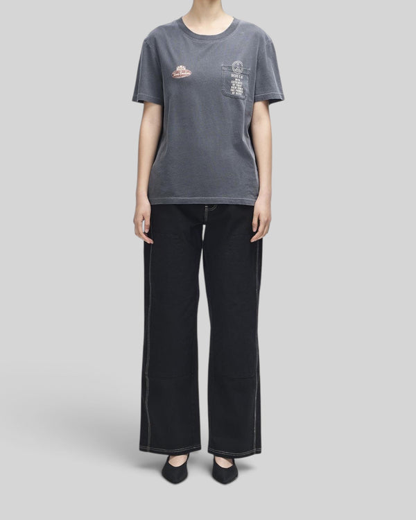 Baffle Haus A110 anthracite grey lightweight cotton blend tee with chest pocket and motorsport-inspired graphic print