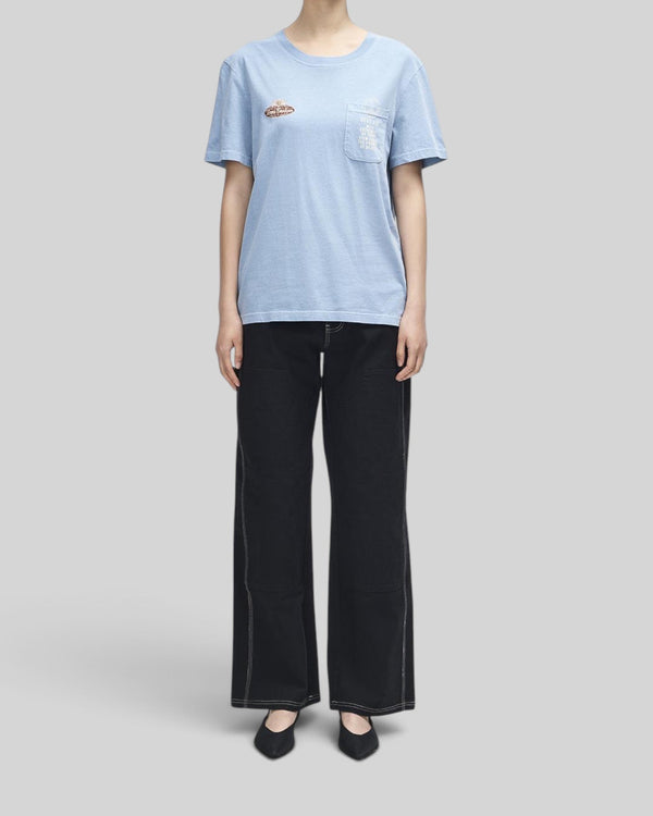 Baffle Haus A110 Tee in Windward Blue, a lightweight recycled cotton blend shirt with a chest pocket and graphic print.